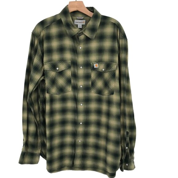 Carhartt Men's rugged flex Hamilton Plaid Western snap Shirt Size Large Green - Picture 2 of 9